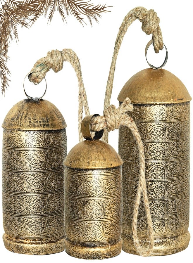 Carfar Shabby Chic Set of 3 Flora Etching Style Harmony Bells Handmade Metal Christmas Hanging Cow Bells 10",8",6", Large - Image 1